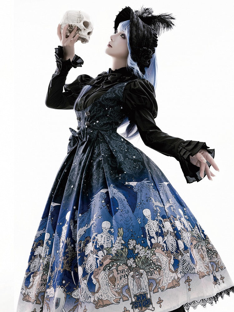 Blue Gothic Lolita and Under with Cross Bust Dress Black Lace Print Trim Skeleton