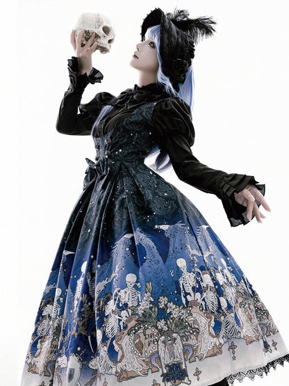 Blue Gothic Lolita and Under with Cross Bust Dress Black Lace Print Trim Skeleton