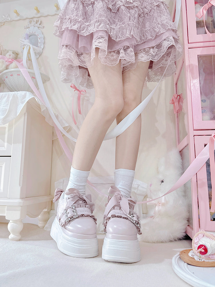 Platforms Kei Design Bow Pink Jirai Beaded Buckle Shoes Accents