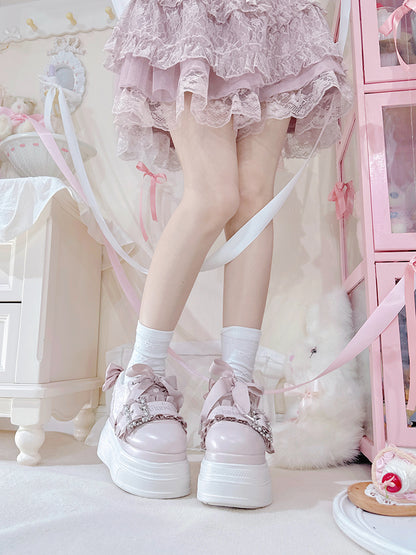 Platforms Kei Design Bow Pink Jirai Beaded Buckle Shoes Accents