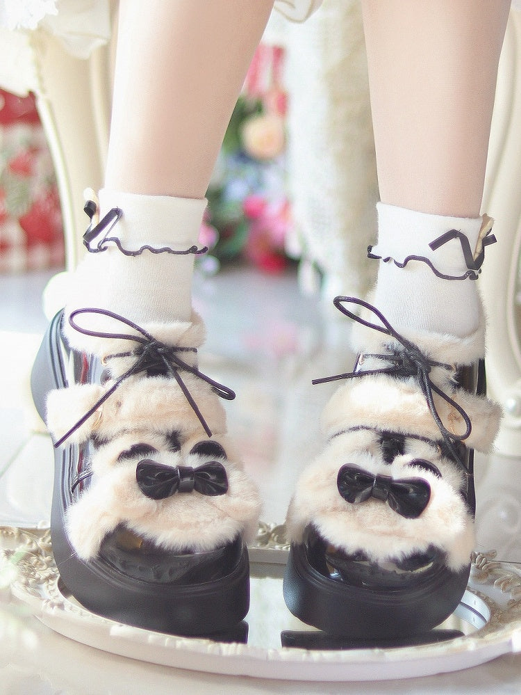 Black Theme Bear Lolita with Sweet Accents PU Ear Bow - Shoes Platform