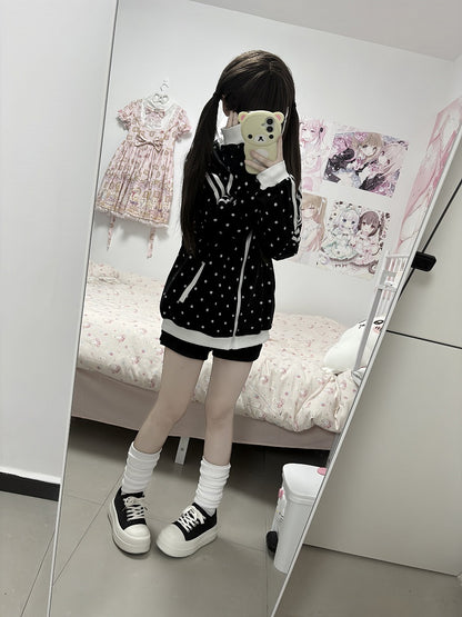 Cat Detail Black Themed Patches with Jacket Zip-up Dot Polka Stripe