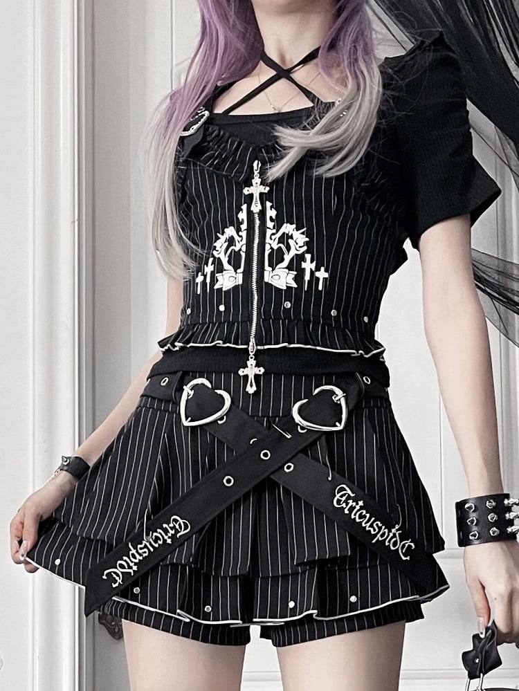 Vest Buckle Cross Gothic White Ruffled Zipper Straps Black with Striped Heart