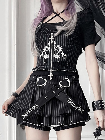 Vest Buckle Cross Gothic White Ruffled Zipper Straps Black with Striped Heart
