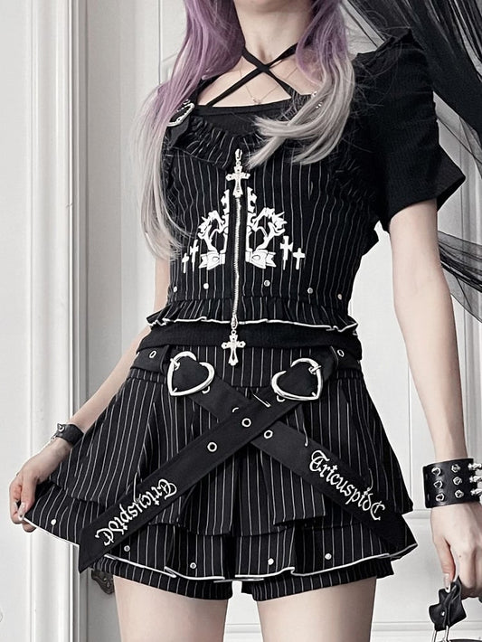 Vest Buckle Cross Gothic White Ruffled Zipper Straps Black with Striped Heart