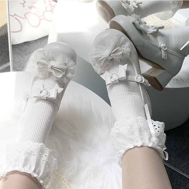 Bow Sweet Top Trim at White Lolita - Lace Mary Round Toe Janes