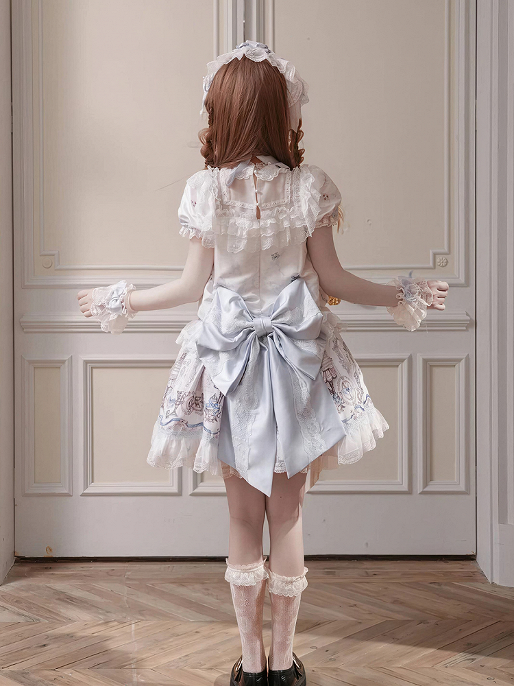 White & Blue Low Waist Antique Print Lolita Dress with Bows - Meng Fu Zi