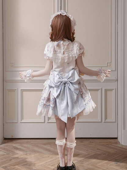 White & Blue Low Waist Antique Print Lolita Dress with Bows - Meng Fu Zi