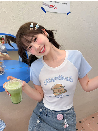 Blue Colorblock Design Capybara Burger Print T-Shirt Long/Short Version