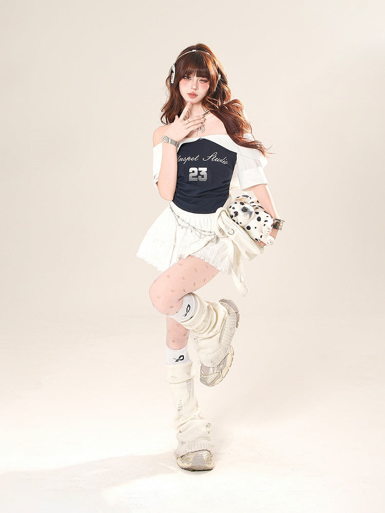 Core T-Shirt Navy Blue Colorblock Design Neckline Blokette Off-the-shoulder