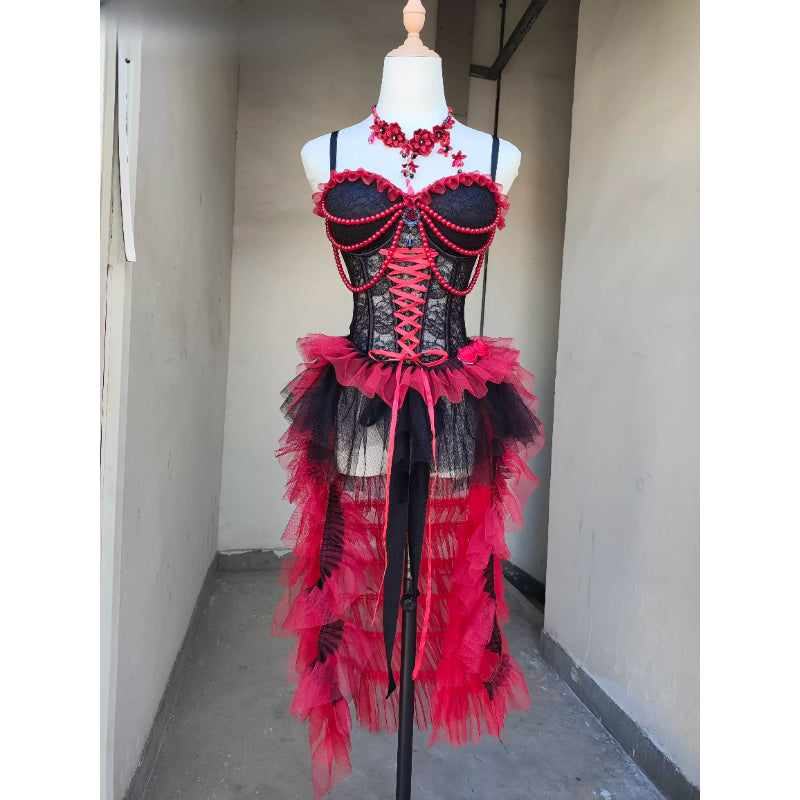 Dark Punk Gothic Black and Red Beaded Lace Irregular Camisole Dress
