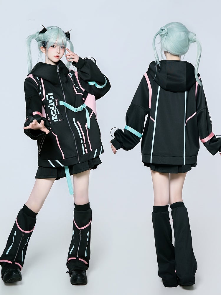 Set Gradient Pink Green Cyberpunk Coord | Gamer Jacket Hooded Girl