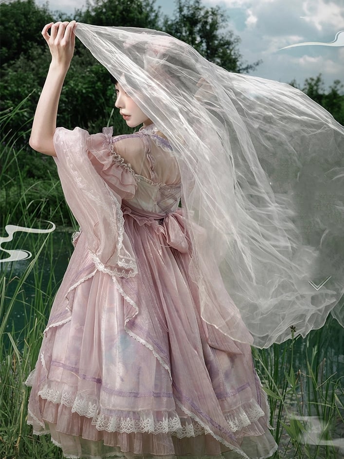 Han Bow Lolita Stück Langes Rosa-Lila Halbtransparente Printärmel Großes Kleid Whale Wide One