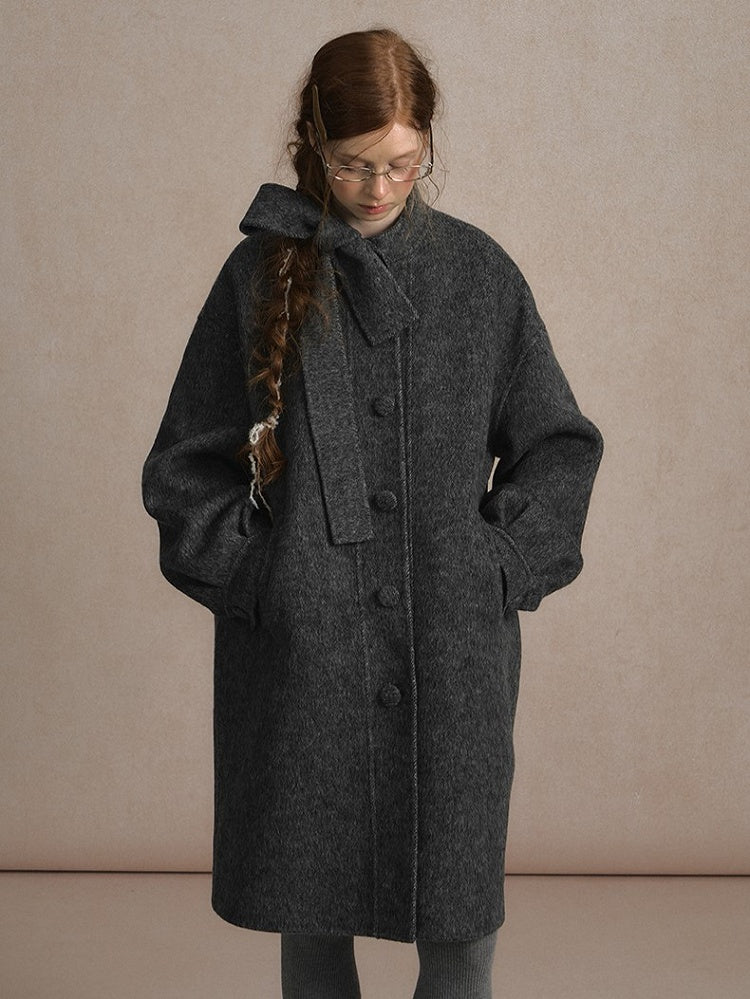 Gray Beige/Dark Vintage-Inspired Long Wool Coat with Front Button Placket and Bow Tie Collar