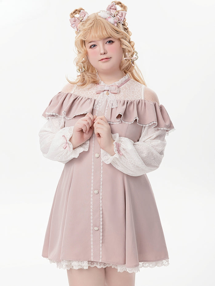 Rosa Illusionsausschnitt, ausgeschnittene Schulter, Jirai Kei-Kleid mit langen Ärmeln und Fliege