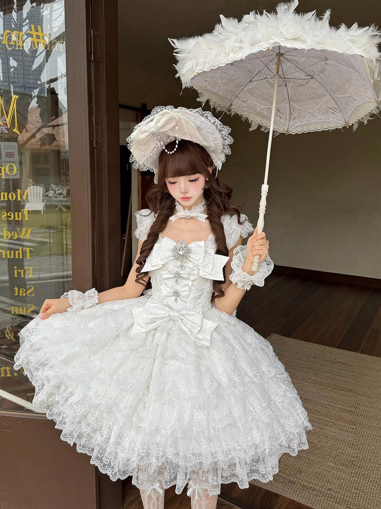 Skirt + Train Rhinestone Multi-Layered Details Lace Hime-Style JSK Big Lolita White with / Elegant Choker Bow Dress