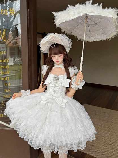 Skirt + Train Rhinestone Multi-Layered Details Lace Hime-Style JSK Big Lolita White with / Elegant Choker Bow Dress