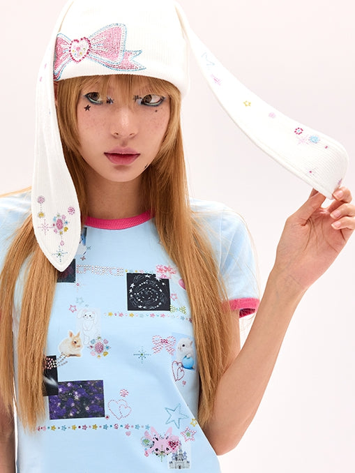Y2K White Hat Design Rhinestone Bow Bunny Ear