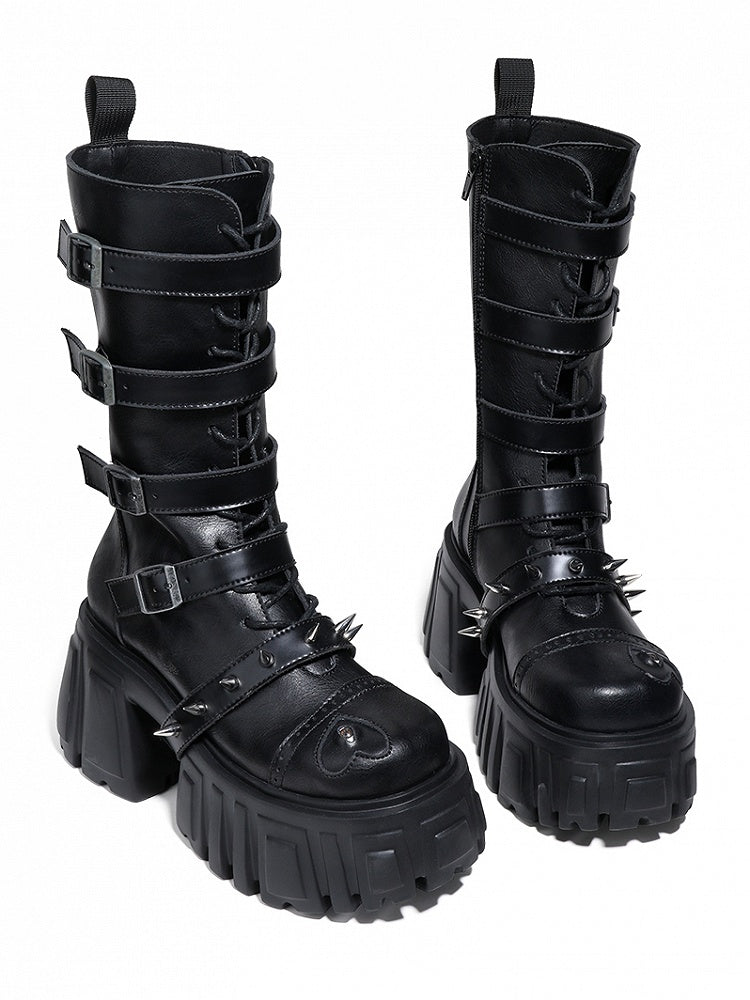 Chunky Plateaustiefel mit Akzenten, Nieten an der Spitze, schwarzer Cyberpunk-Stil mit Riemen – wadenhohe Schnalle mit Augenverzierung