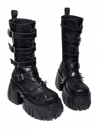Chunky Platforms Accents Boots Studs Toe Black Cyberpunk with Straps - Mid-Calf Eye-Embellished Buckle