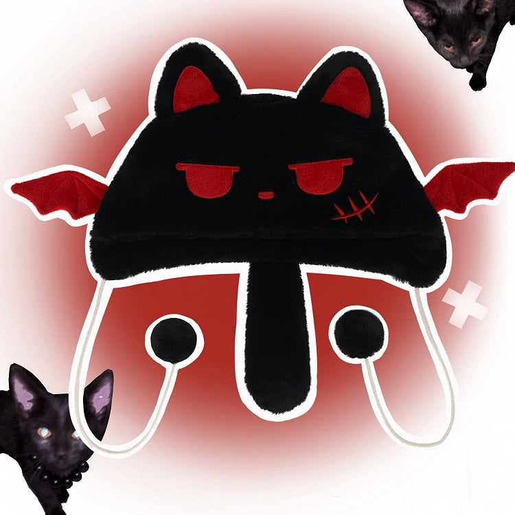 Y2K Devil Black Cat Plush Hat With Pompons