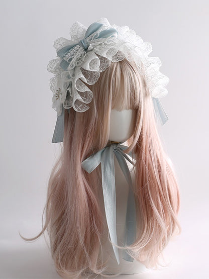 Light Gorgeous Flower Lolita Hairband Bowknot Cute Blue Lace Detachable White With