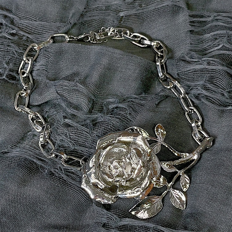 Y2K Silver Metal Rose Choker