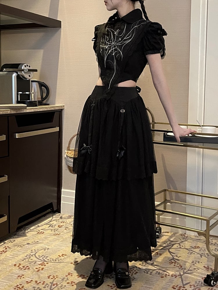 Gothic Tulle Bow with Skirt Details Lolita Layered Black