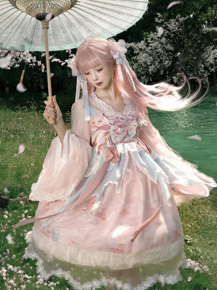 Lolita Overlay Floral Trim Edge Han with Scalloped Dress Golden JSK Blue Embroidery and Print Pink Fish
