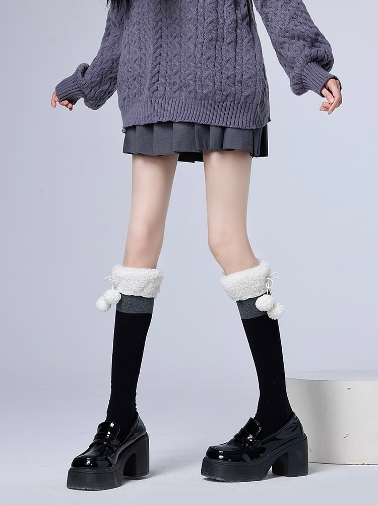 Pom-Pom With Plush Cuff Calf Decoration Socks KhakiBrown/GrayBlack