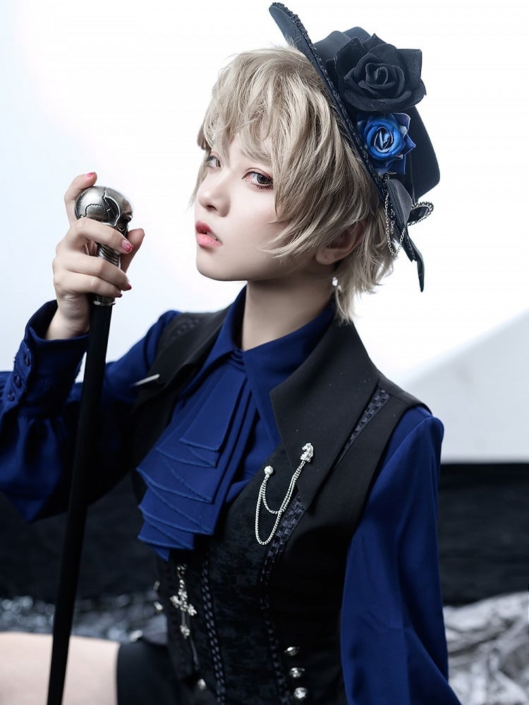 ロリータ王子ハット ブラック＆フラットブルーローズ