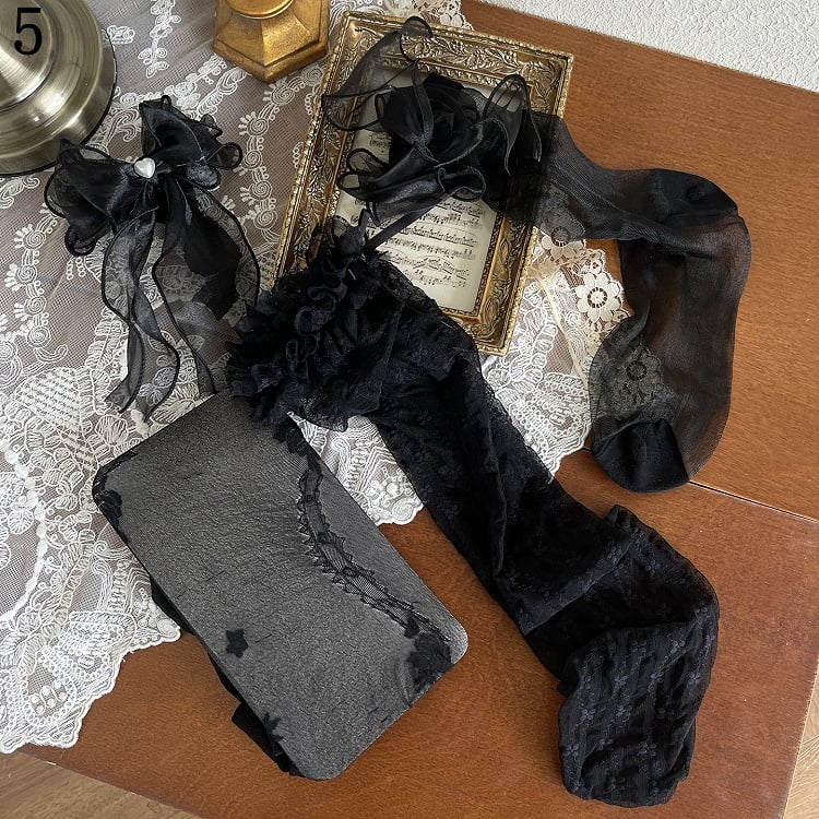 Black Floral Underknee Socks/Bowknot Trims Pattern Tights/Lace Leg Stockings/Tulle Loop