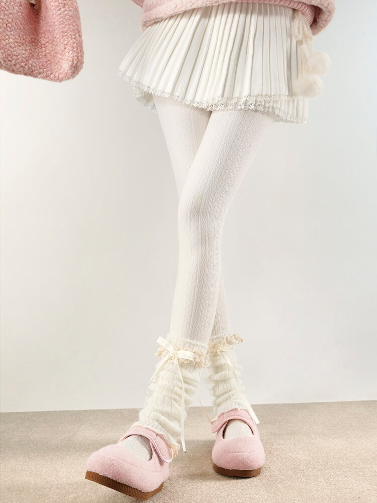 Bow Trim Warmers Striped with 4 Pattern Frill Leg Accents Colors Vertical Knitted