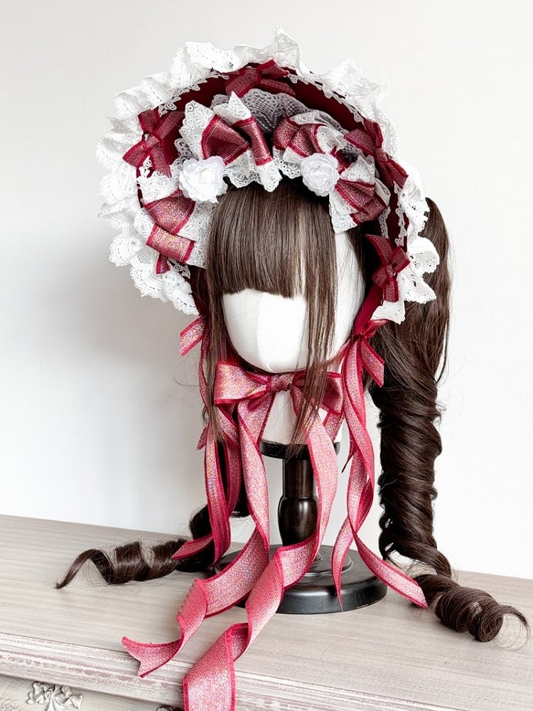 Lolita White Lace-Trimmed Bowknots and Accents Sweet Flower Bonnet Red with