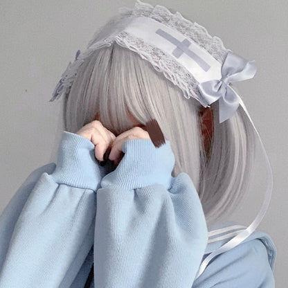 Ruffled Lace Hairband with Light Jirai Kei White Blue Bow and Cross