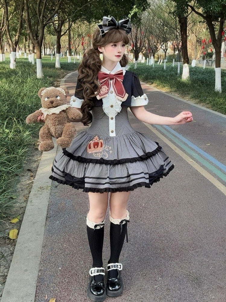 Monochrome Preppy Striped Two-Piece Gown with Crown Embroidery - Fairy Faith