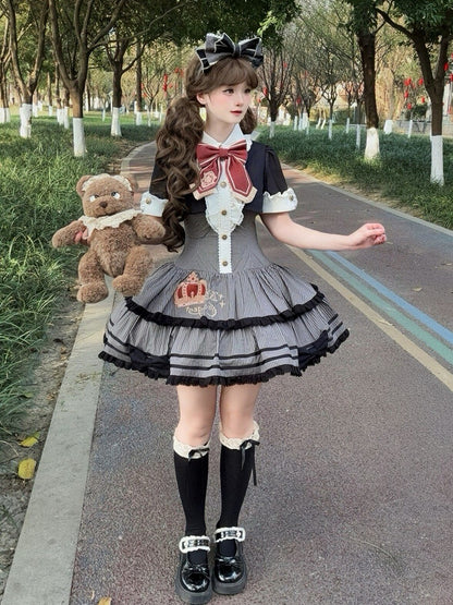 Monochrome Preppy Striped Two-Piece Gown with Crown Embroidery - Fairy Faith