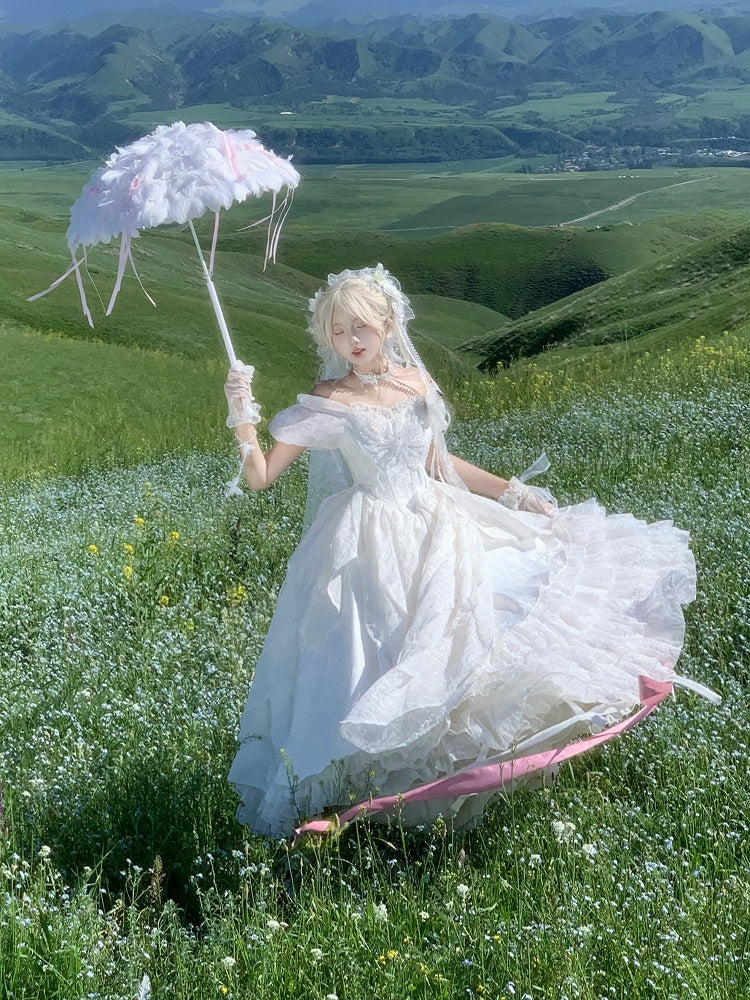 White Butterfly Motif Puff Sleeve Lolita Top and Asymmetrical Hem Skirt Set - Sweet Wood Lolita