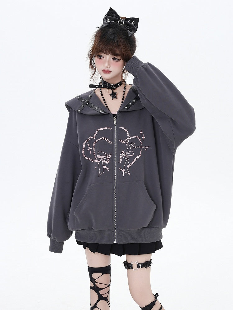 Pink/Gray Sailor Collar Zipper Closure Printed Jacket