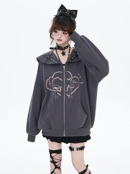 Pink/Gray Sailor Collar Zipper Closure Printed Jacket