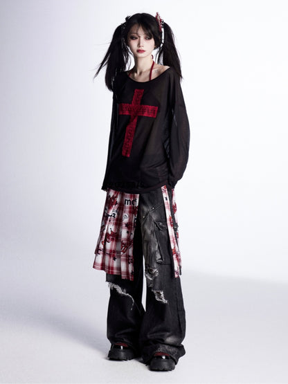 with Lace Cross  Red Asymmetrical Neckline Black Sun Protection Coverup