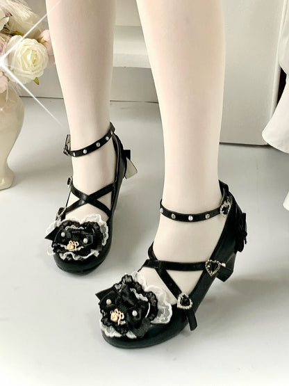 Black Lolita High Bowknot with Sweet Block PU Details Heels