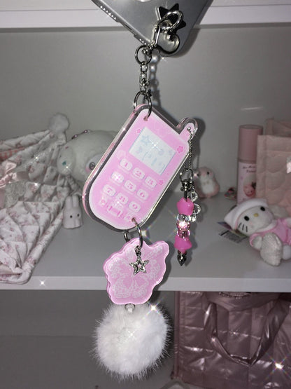 with Glitter Charm Pink Hibiscus Pom-Pon Resin Keychain Phone