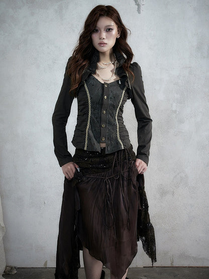 Rococo Punk Army Green Faux Two-Piece Long Sleeve Blouse with Lace and Ruffle Accents - NO ROMANCE