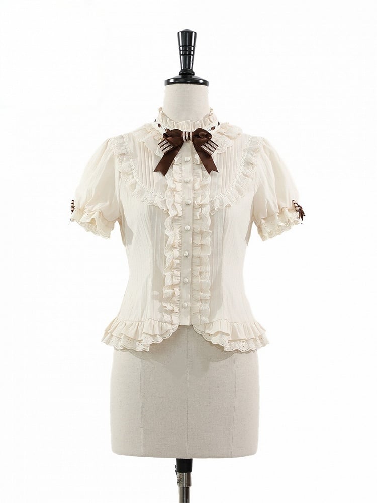 Beige Brown Bow Short-Sleeve Shirt with Ruffle Trim - Twin Bear Original Design