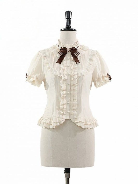 Beige Brown Bow Short-Sleeve Shirt with Ruffle Trim - Twin Bear Original Design