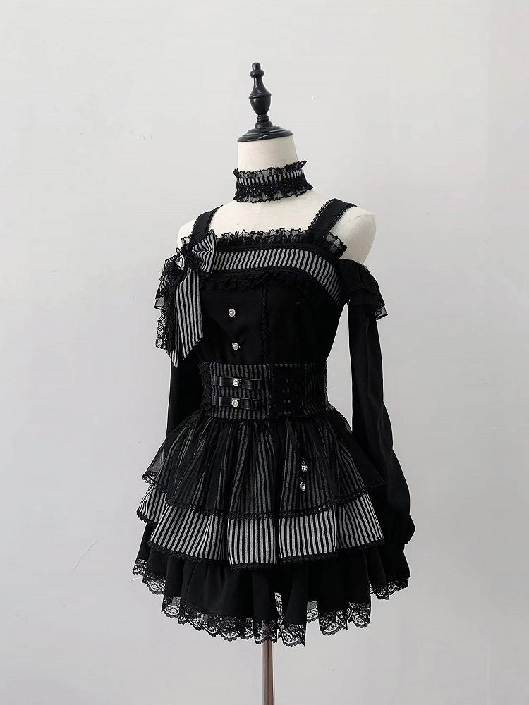 High-Waist / Kei Black Skirt Sweet Jirai Dark Striped Tiered Top Off-Shoulder