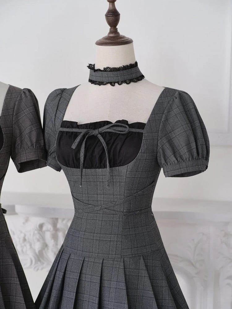 Gray Plaid Square Neck Pleated Jumper with Choker and Shorts - No Genki