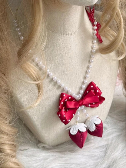 (2 Necklace Dot Polka Pearl Strawberry Colors) Bow