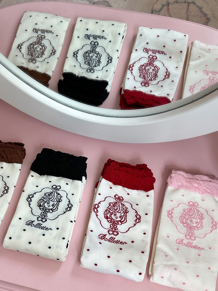 Girl Polka-dot Coffee/Black/Red/Pink Pattern Lolita Anime Socks Calf
